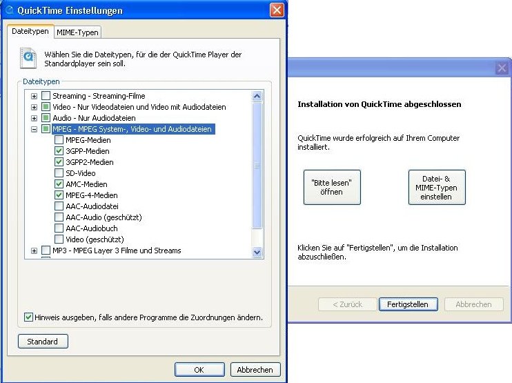 Um nach der iTunes Installation Videos im Mediaplayer betrachten zu können, ist die Installation von Quicktime erforderlich. iTunes Installation Screenshot