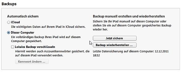 Hier sieht man jederzeit, wie alt das letzte Backup ist und kann das nächste auch auf Wunsch mit einem Passwort sichern iTunes ipad Backup verschlüsseln Screenshot