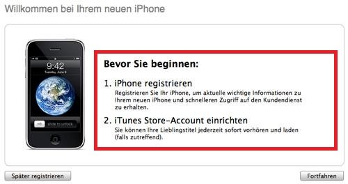 Während das iPhone in iTunes aktiviert wird, kann der Nutzer es gleichzeitig registrieren und seinen iTunes Store Accout einrichten iTunes iPhone aktivieren Screenshot