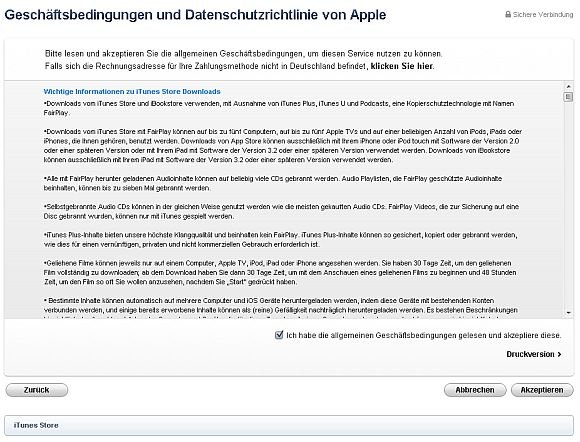 Die AGB müssen akzeptiert werden, sonst gibt es keine Nutzung des iTunes Store und keinen iTunes Account iTunes Store AGB akzeptieren Screenshot