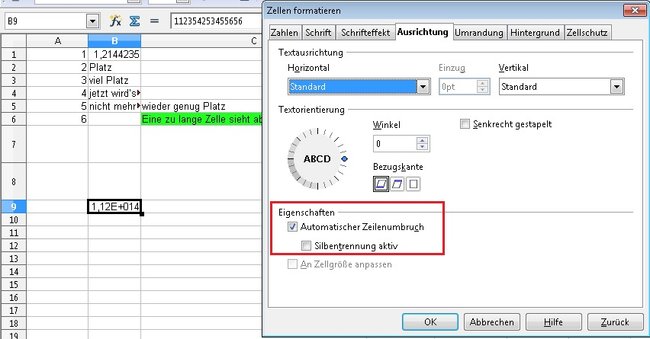 OpenOffice Calc Zeilenumbruch Screenshot