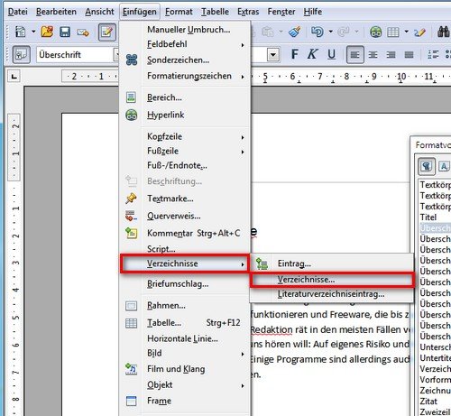 Über die Menüleiste wird das Inhaltsverzeichnis in das OpenOffice Dokument eingefügt OpenOffice Inhaltsverzeichnis einfügen