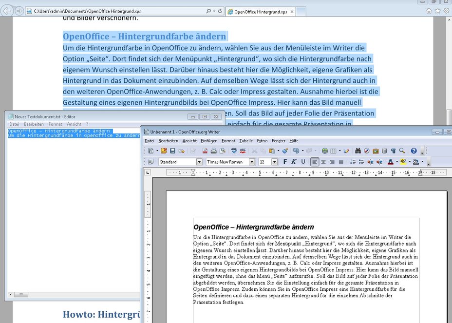 Mit Hilfe von Microsofts Browser und einem Texteditor lassen sich Inhalte aus XPS-Dokumenten in OpenOffice anzeigen und bearbeiten OpenOffice XPS Screenshot