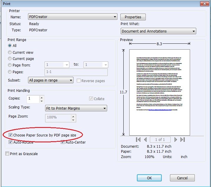 Sollten im PDFCreator erstellte Dateien im fehlerhaften Format ausgedruckt werden, überprüft die Druckeinstellungen eures PDF-Betrachters PDFCreator Hilfe