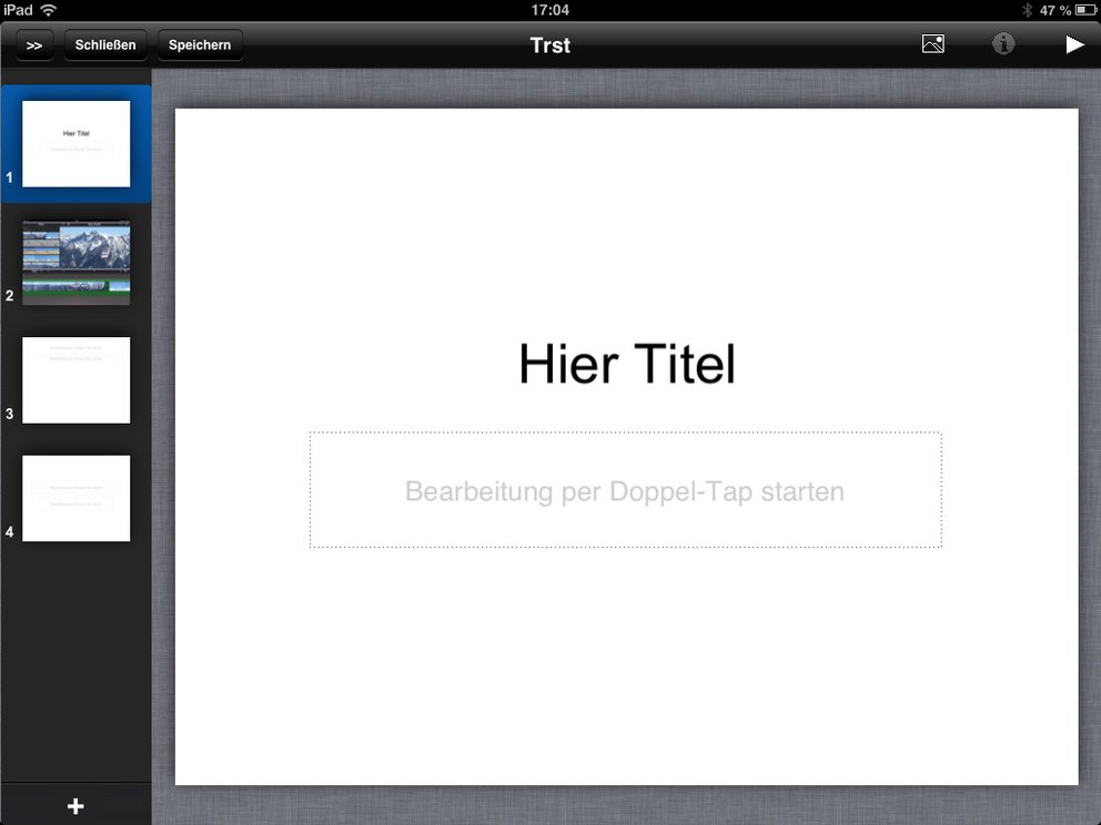 Recht mager: Die Bearbeitung von Präsentationen beschränkt sich auf das Einfügen von Bildern und Text office-apps-ipad-hd-praesentation