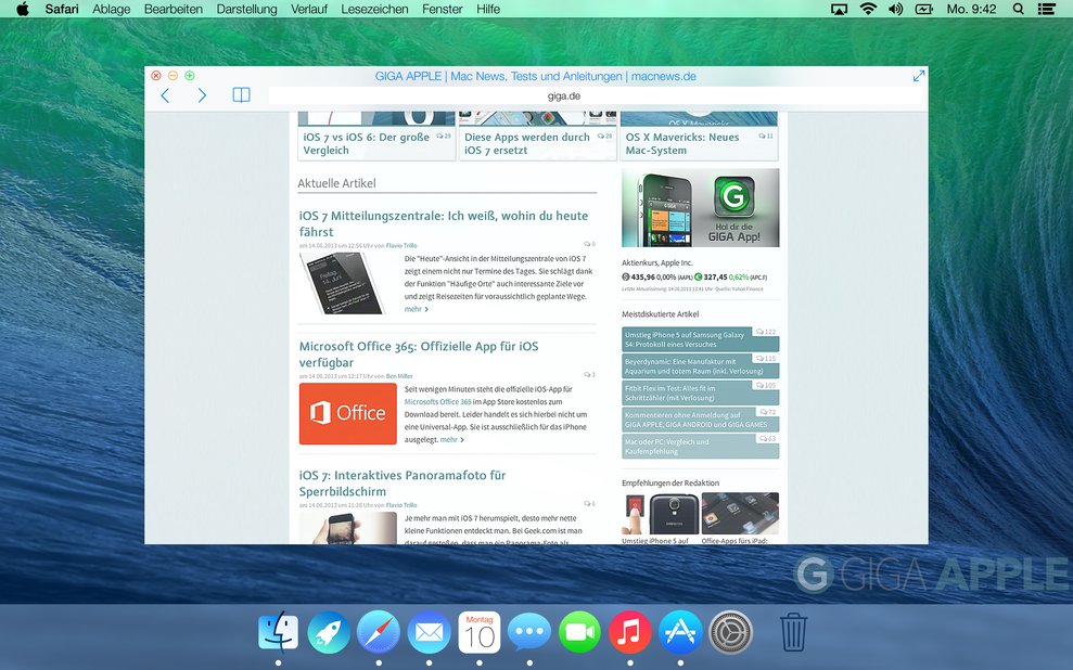 Safari in OS XI: Der Browser wird schlanker - das neue sorgt für klare Linien. Wie bei iOS 7 schimmert der Webseiteninhalt leicht durch die Titelleiste.