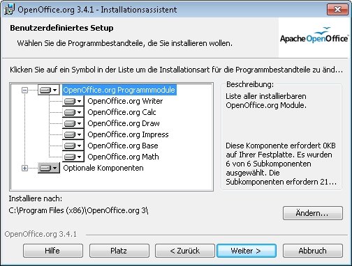 Bei der Installation von OpenOffice kann ich mich entscheiden, ob ich nur das kostenlose Schreibprogramm Writer installieren will openoffice installation
