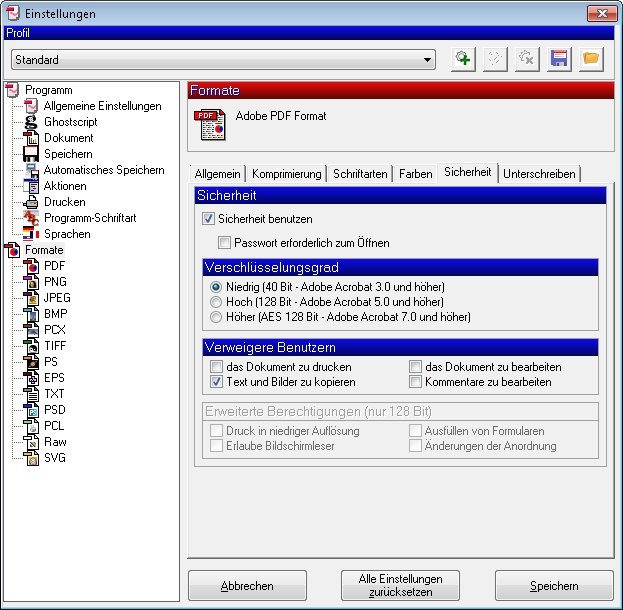 Sicherheit, Passwortschutz, Verschlüsselungsgrad, Kompression - all das kann ich bestimmen, wenn ich ein PDF erstellen will pdfcreator sicherheit
