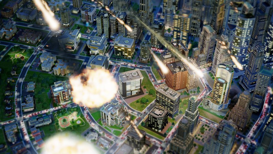 Zum Glück hat EA alle Eventualitäten für SimCity berücksichtigt: UFOs, Brände, Kometenhagel, Bugs... oh, Moment simcity-kometenhagel