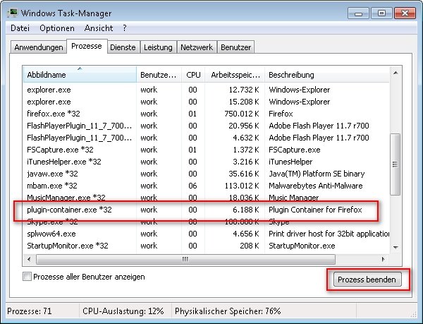 So kann man den Plugin-Container von Firefox zwar nicht deaktivieren, aber zumindest erst mal beenden plugin container taskmanager
