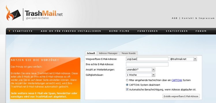TrashMail.net bietet eine Wegwerf-E-Mail mit Weiterleitung an, die man sogar als Addon in den Browser einbinden kann trashmail wegwerf email