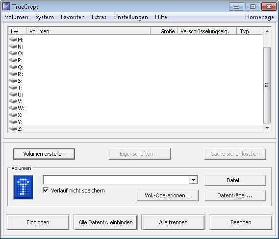 Bei TrueCrypt findet sich alles Wichtige in einem Fenster truecrypt container erstellen 01
