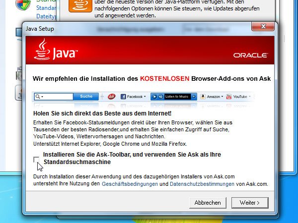 Das kann doch jedem mal passieren: Einen Haken übersehen und schon habt ihr unerwünschte Tools gleich mit installiert ask-toolbar