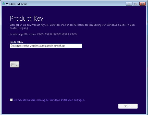 Das Windows 8.1 Setup Tool fordert von euch als erstes die Eingabe eines gültigen Lizenzschlüssels Windows 8.1 Setup Tool