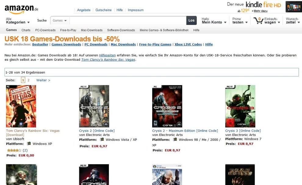 Zur Feier des neuen Bezahlsystems haut Amazon einige Download-Games ab 18 günstig raus (Screenshot: Amazon.de) amazon-ab-18-screenshot