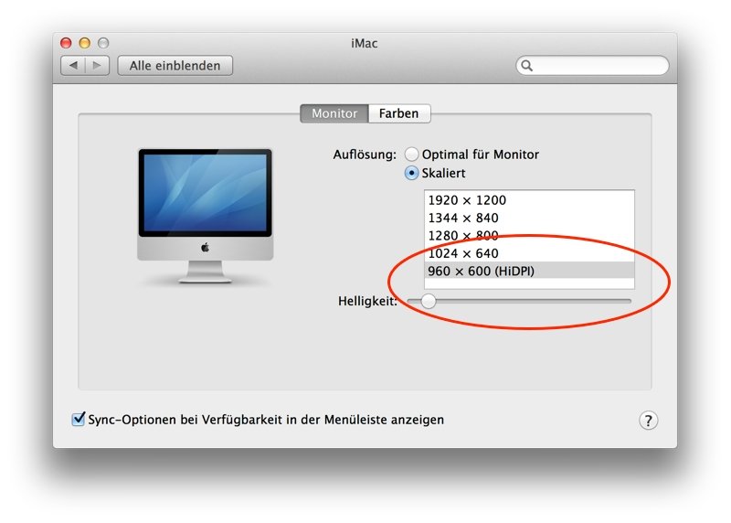 HiDPI am Beispiel eines älteren iMacs. Das Thunderbolt Display und der 27-Zoll-iMac bietet mehr Optionen – bis zu 1.280 x 720 Pixel.