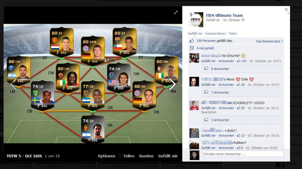 Das kommende Ultimate Team wird auf dem Facebook-Auftritt von UT angekündigt. Legt eure FIFA 14 Münzen schon einmal zusammen. ultimate-team-of-the-week-ankündigung