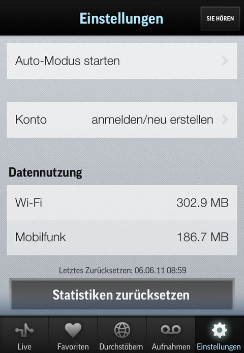 Mobiles Webradio erzeugt Datenvolumen. Den Datenverbrauch von TuneIn finden Sie in den Einstellungen.