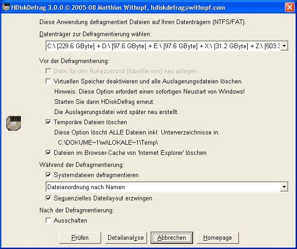 Das Programmfenster von HDiskDefrag