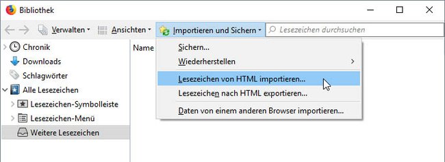 Hier importiert ihr euer Browser-Lesezeichen von einer HTML-Datei