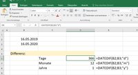 Excel: Differenz zwischen zwei Datumsangaben berechnen
