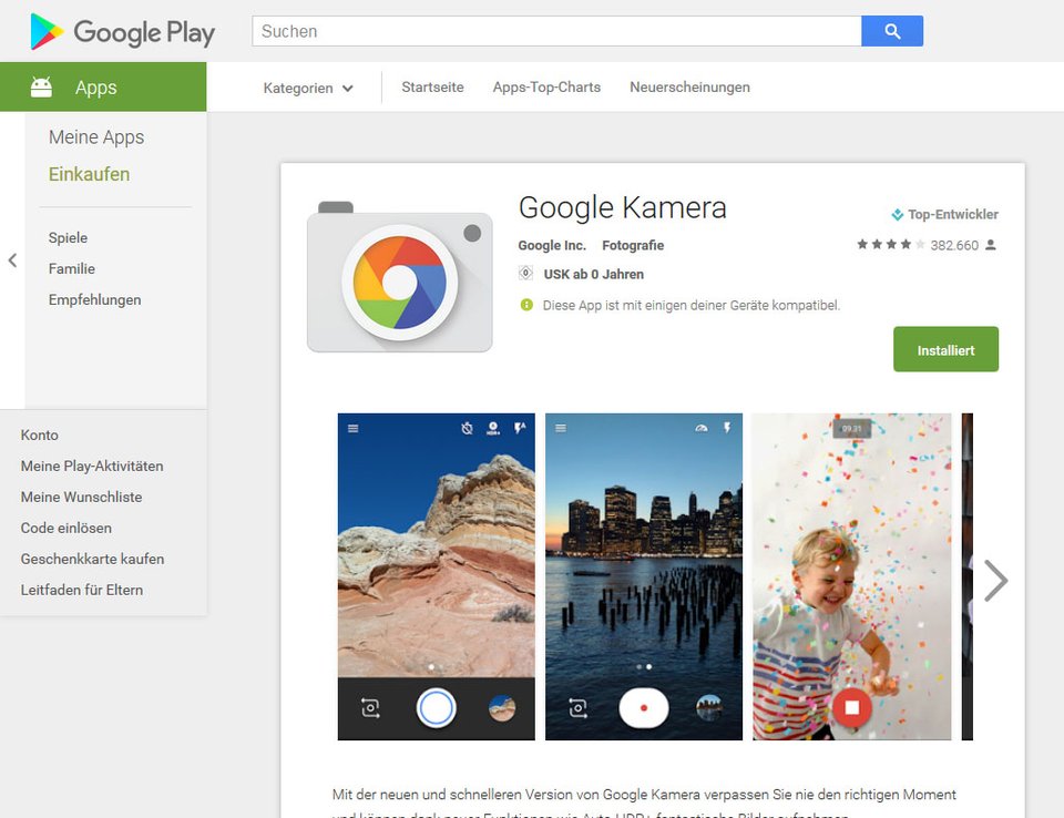 Google Camera: Die zugehörige Play Store Seite wird nur angezeigt, wenn die App bereits installiert ist.