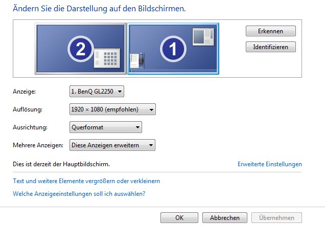 Ich arbeite an einem PC mit zwei Bildschirmen. Ähnlich funktioniert die Einstellung bei Laptops mit externen Bildschirmen.