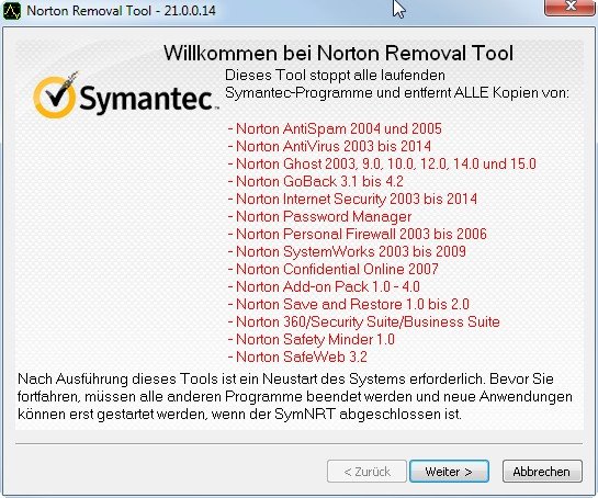 Das Norton Removal Tool soll alle Installationen von Norton deinstallieren können