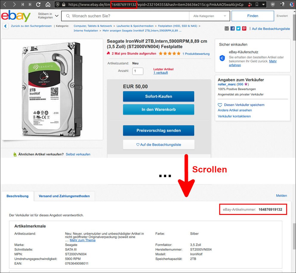 Die eBay-Artikelnummer findet ihr etwas weiter unten, rechts oberhalb der Beschreibung und in der URL. Bild: eBay.