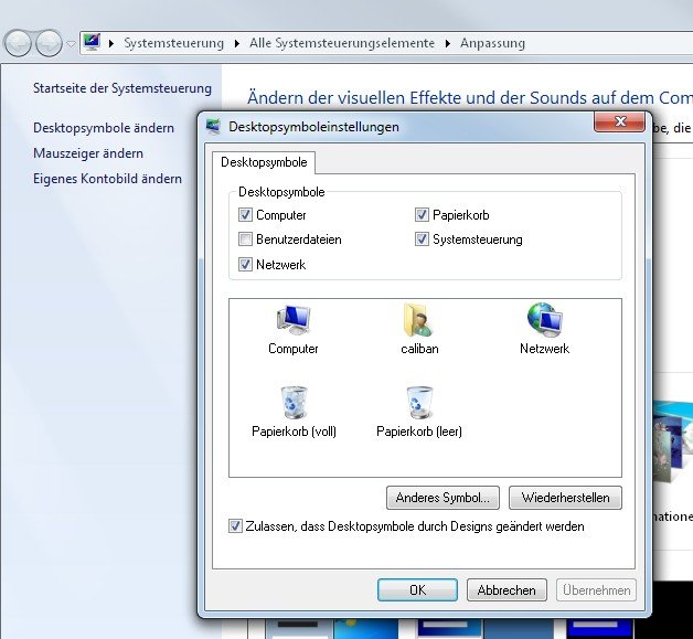 Die üblichen Windows-Icons des Desktops sind nicht festgenagelt!