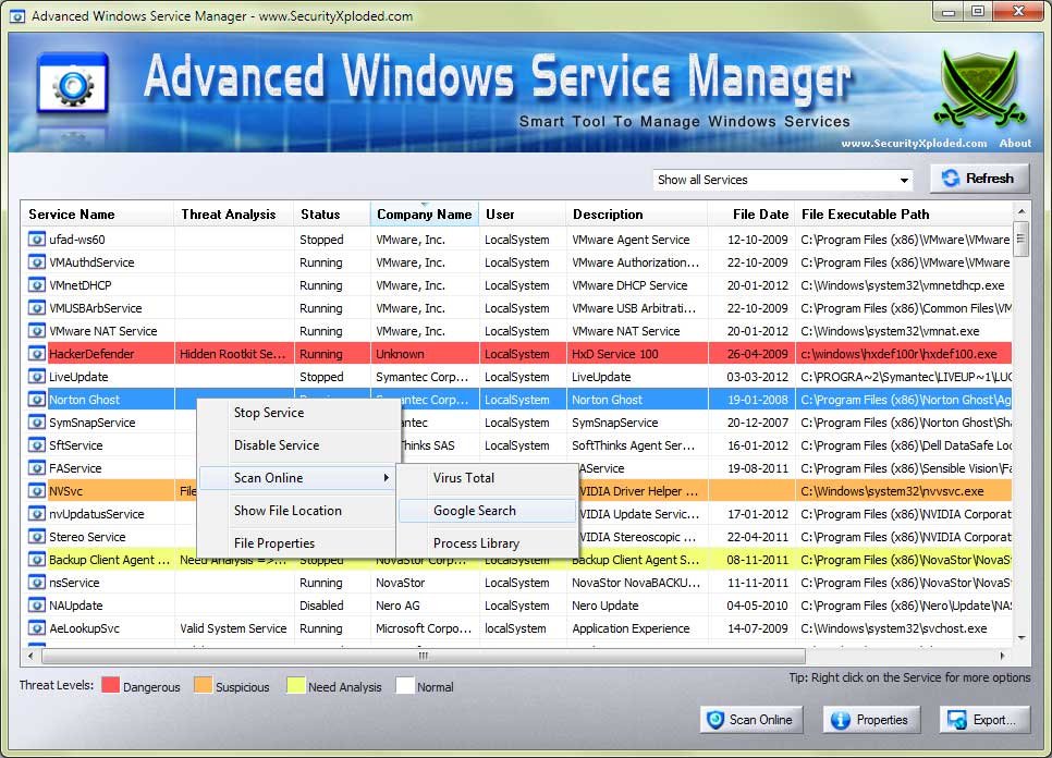 Der Advanced Win Service Manager warnt vor gefährlichen Prozessen und sucht auch im Internet danach