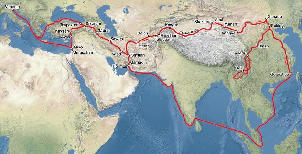 Die angebliche Reiseroute des echten Marco Polo. „Travels of Marco Polo“ von Maximilian Dörrbecker (Chumwa) - Eigenes Werk, using Natural Earth data. Lizenziert unter CC BY-SA 2.5 über Wikimedia Commons - http://commons.wikimedia.org/wiki/File:Travels_of_Marco_Polo.jpg#mediaviewer/File:Travels_of_Marco_Polo.jpg