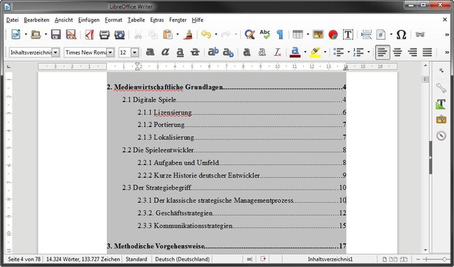 LibreOffice Writer kann automatisch ein Inhaltsverzeichnis erstellen und einfügen.