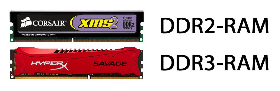 DDR2- und DDR3-RAM: Unterschiedliche Typen von Arbeitsspeicher haben unterschiedliche Bauformen (siehe die Kerbe).