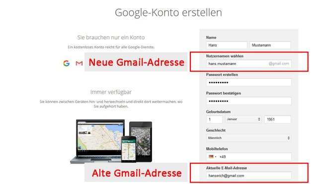 Erstellt zunächst ein neues Gmail-Konto, die später eure alte Adresse ersetzt.