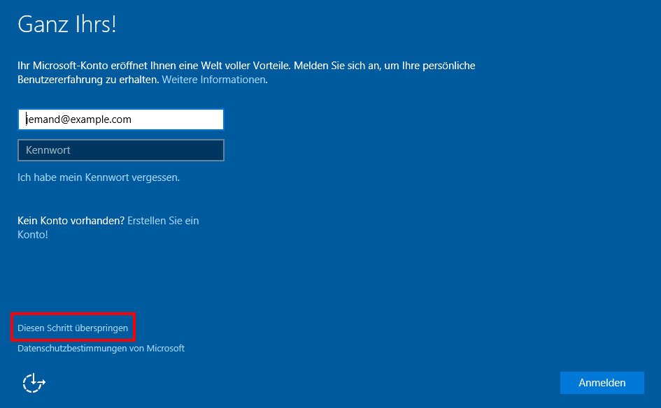 Während der Installation von Windows 10, könnt ihr die Anmeldung am Microsoft-Konto auch überspringen.