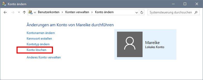 Windows 10: Hier löscht ihr das Benutzerkonto.