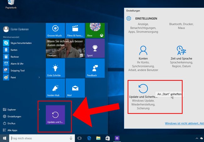 Windows 10: Einstellungen lassen sich an das Startmenü heften.
