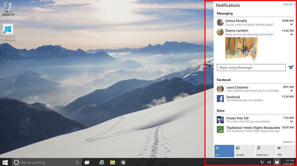 Windows 10: Das Info-Center informiert über Nachrichten und Meldungen aller Art. Bildquelle: Microsoft