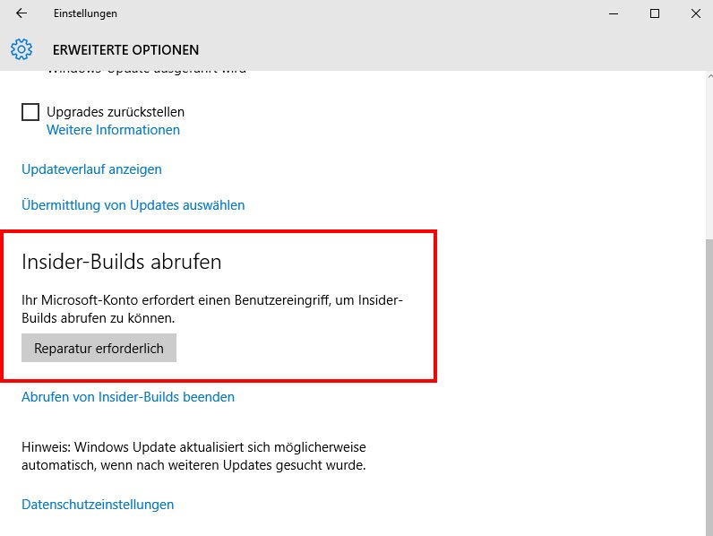Ein Upgrade auf die aktuelle Version von Windows 10, funktioniert nur mit einem Microsoft-Insider-Konto.