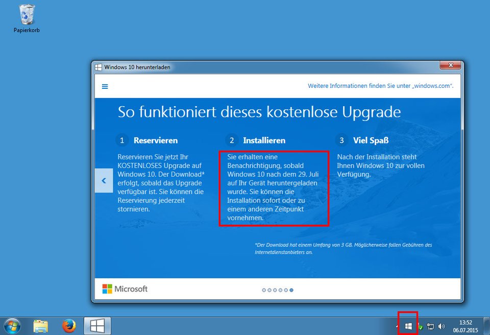 Auch mit Windows-Logo in der Taskleiste ist Windows 10 am 29. Juli nicht für alle gleichzeitig verfügbar.