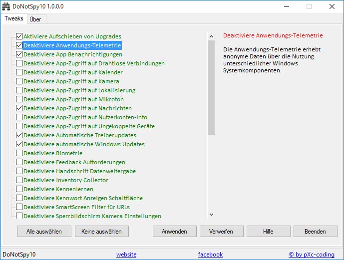DoNotSpy10: Mit dem Tool stellt ihr alle Datenschutz-Einstellungen von Windows 10 in einer Maske ein.