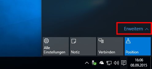 Windows 10: Klickt im Info-Center auf "Erweitern", um alle verfügbaren Symbole anzuzeigen.