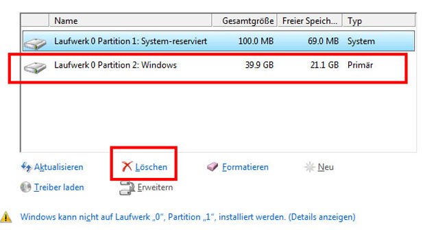 Wenn ihr die Partitionen der Festplatte löscht, legt Windows die Festplatte für die Installation im nötigen Partitionsstil an. Bildquelle: GIGA