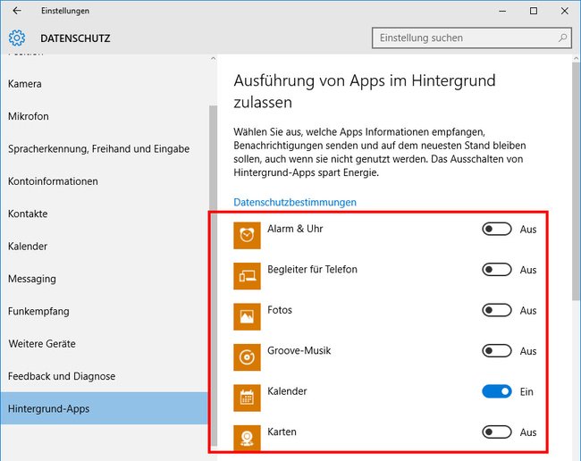 Windows 10: Hier wählt ihr die Apps aus, die nicht im Hintergrund laufen sollen.