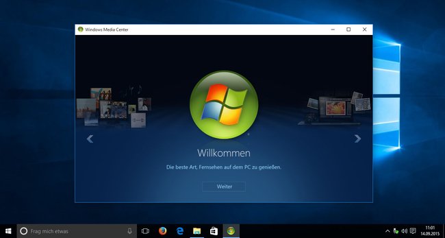 Windows 10: Das Windows Media Center mit deutscher Sprache.