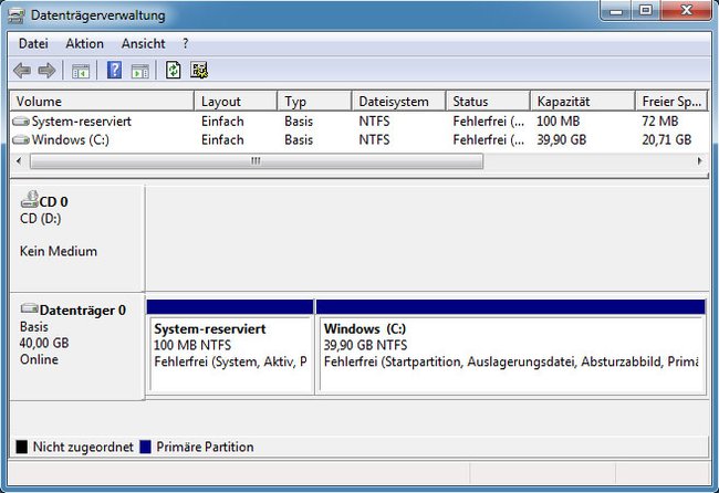 Datenträgerverwaltung: In dem Beispiel hat die Partition System-reserviert in Windows 7 die richtige Größe.