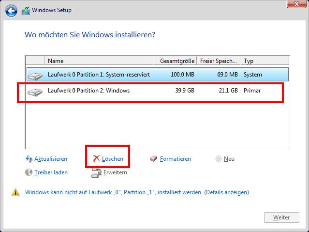 Windows-Installation: So löscht ihr die alte Windows-Partition. (Bildquelle: GIGA)