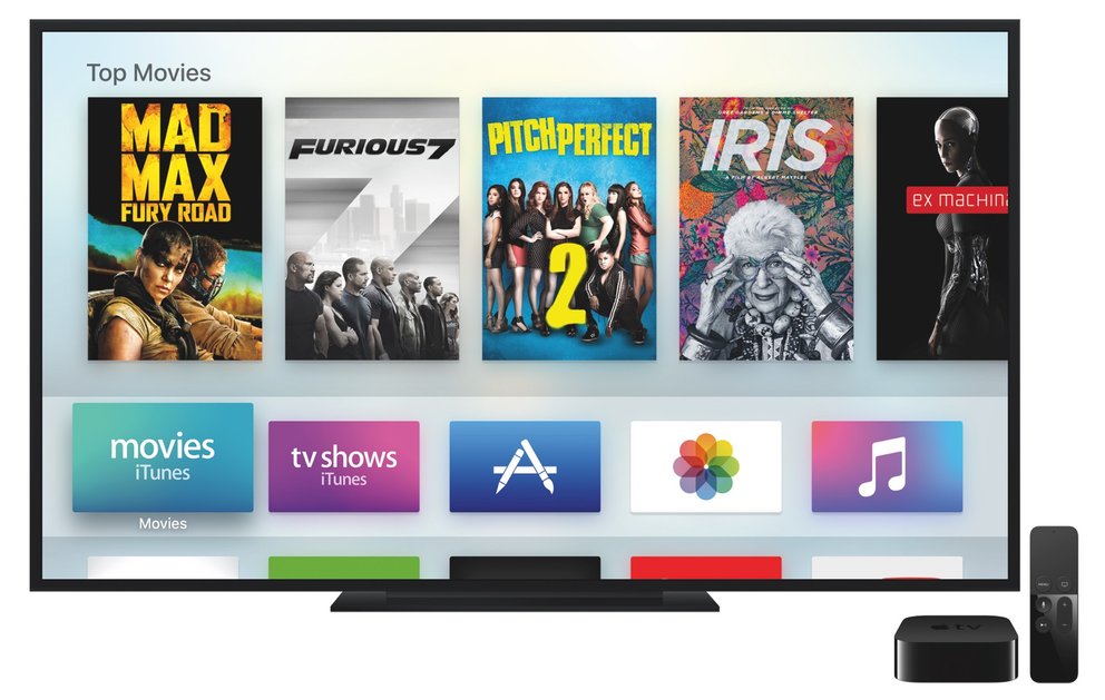 Neues Apple TV mit Fernbedienung (rechts unten) sowie die Benutzeroberfläche des tvOS (Bild: Apple).