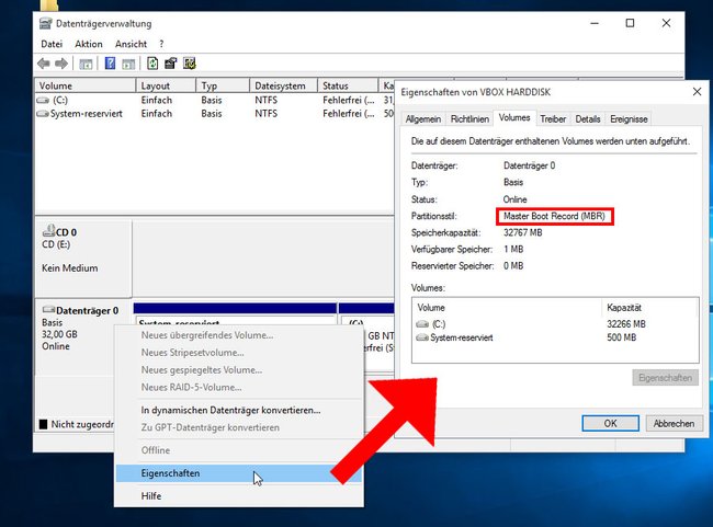 Windows 10: Über den Partitionsstil der Windows-Festplatte lässt sich herausfinden, ob der PC im BIOS- oder UEFI-Modus arbeitet.